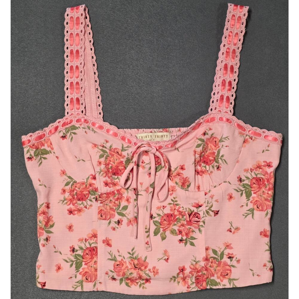 Milkmaid Bustier Crop Top Pink Floral Lace Corset Coquette Chic Smocked Large
